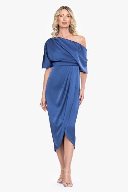 Betsy & Adam "Sylvie" Satin Short Sleeve Tulip Midi Dress - Slate