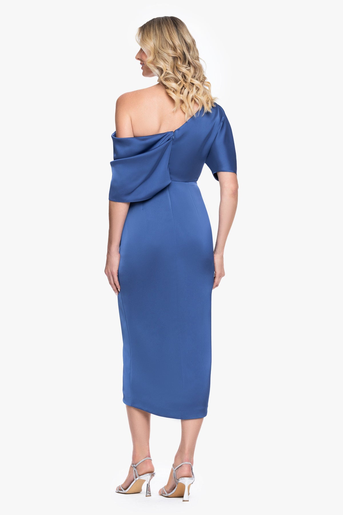 Betsy & Adam "Sylvie" Satin Short Sleeve Tulip Midi Dress - Slate