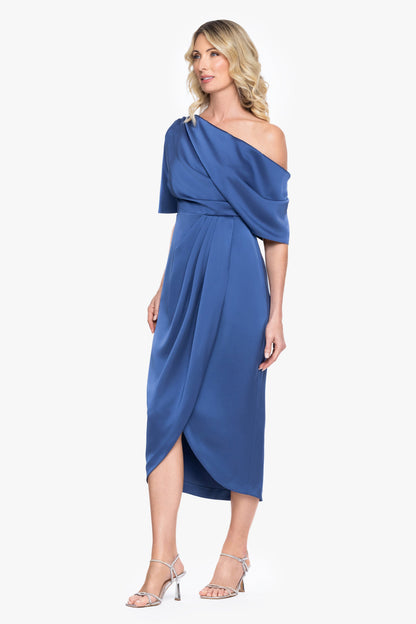 Betsy & Adam "Sylvie" Satin Short Sleeve Tulip Midi Dress - Slate