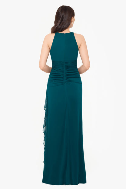 Betsy & Adam Petite “Petra” Sheer Matte Jersey Knit Key Hole Dress - Emerald