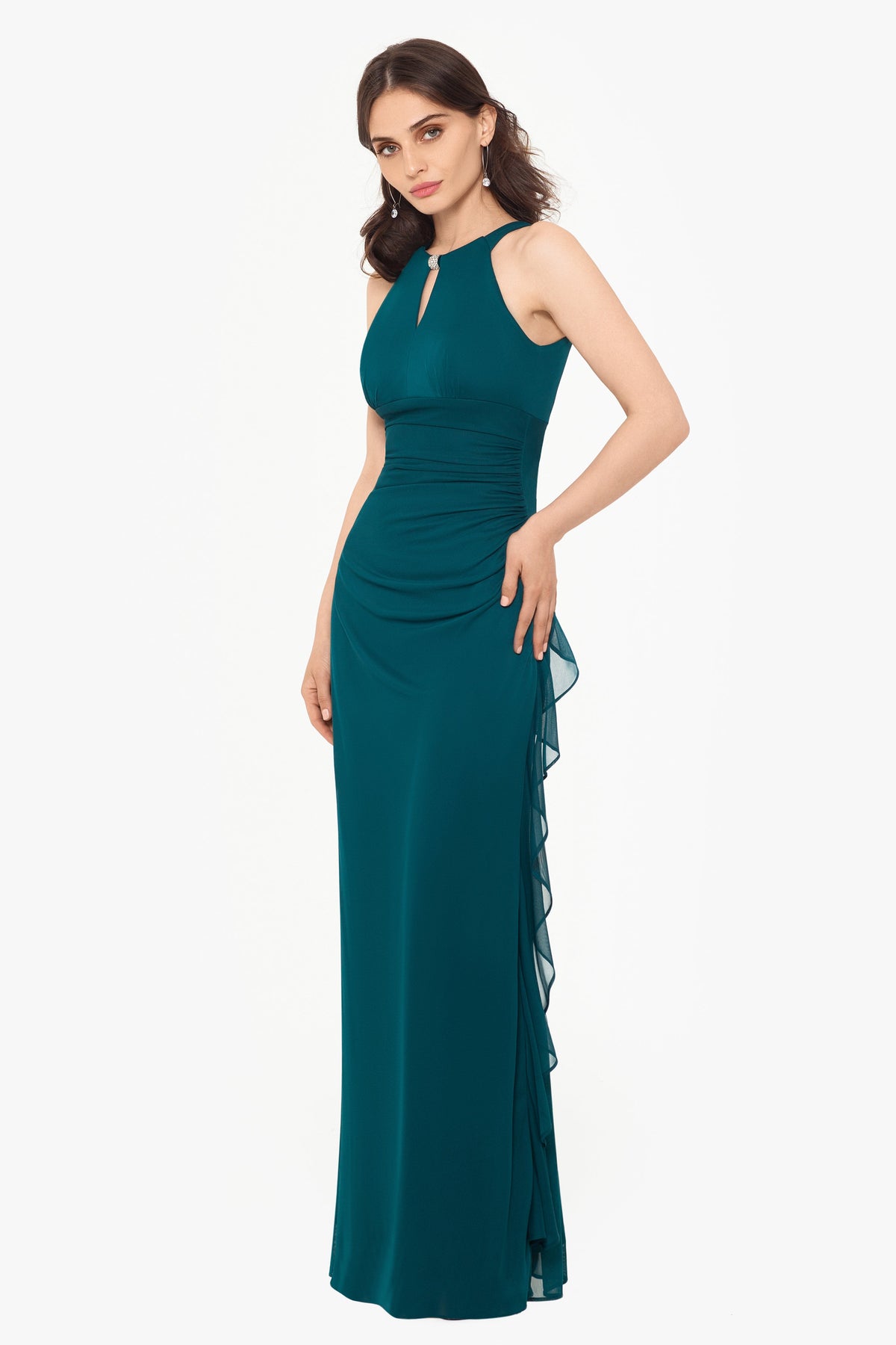 Betsy & Adam Petite “Petra” Sheer Matte Jersey Knit Key Hole Dress - Emerald