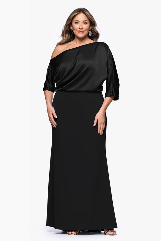 Betsy & Adam Plus "Ana" Scuba Crepe & Satin Drop Shoulder Dress - Black