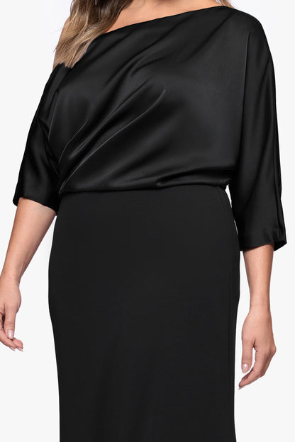 Betsy & Adam Plus "Ana" Scuba Crepe & Satin Drop Shoulder Dress - Black