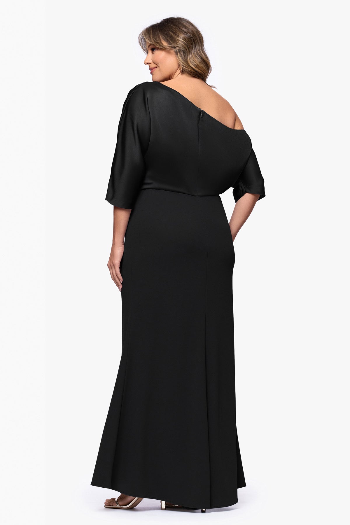 Betsy & Adam Plus "Ana" Scuba Crepe & Satin Drop Shoulder Dress - Black