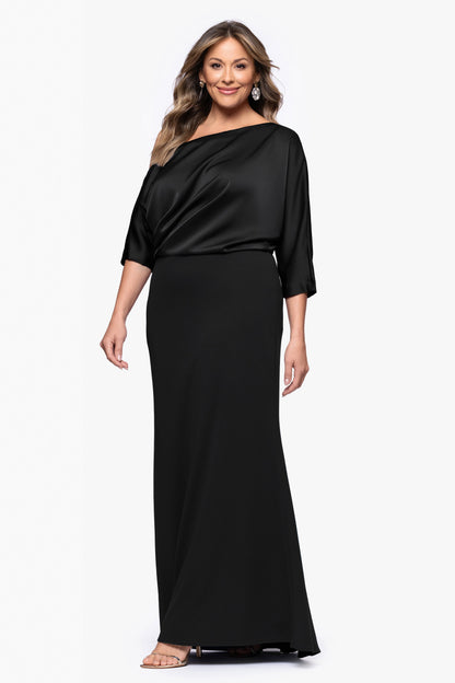 Betsy & Adam Plus "Ana" Scuba Crepe & Satin Drop Shoulder Dress - Black