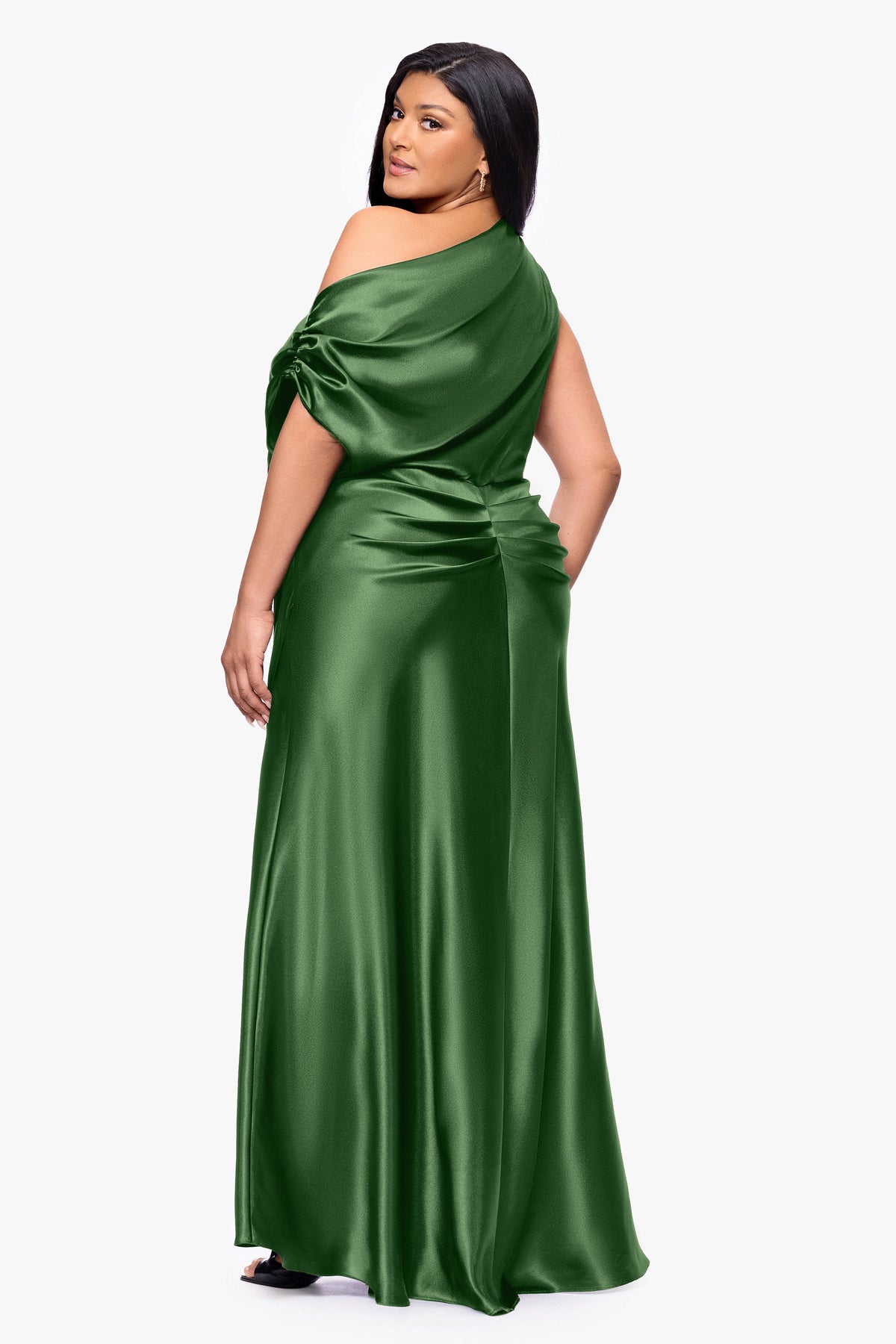 Betsy & Adam Plus "Sofia" Satin Drop Shoulder Dress - Moss