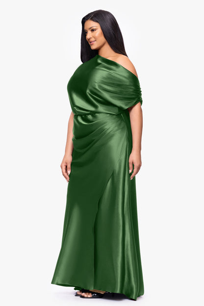 Betsy & Adam Plus "Sofia" Satin Drop Shoulder Dress - Moss