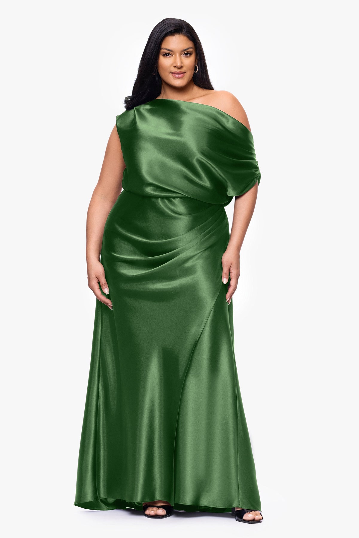 Betsy & Adam Plus "Sofia" Satin Drop Shoulder Dress - Moss
