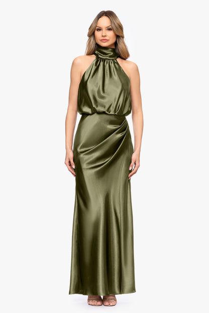 Betsy & Adam "Tara" Satin Tie Neck Dress - Olive