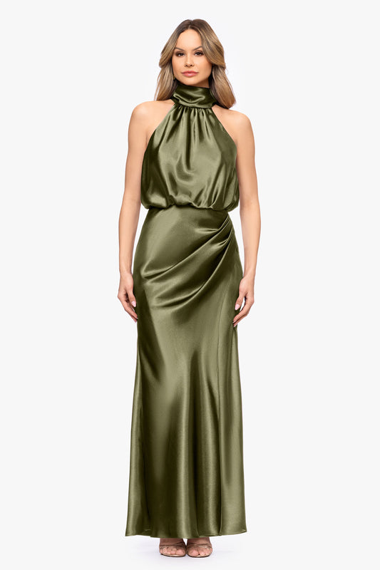 Betsy & Adam "Tara" Satin Tie Neck Dress - Olive