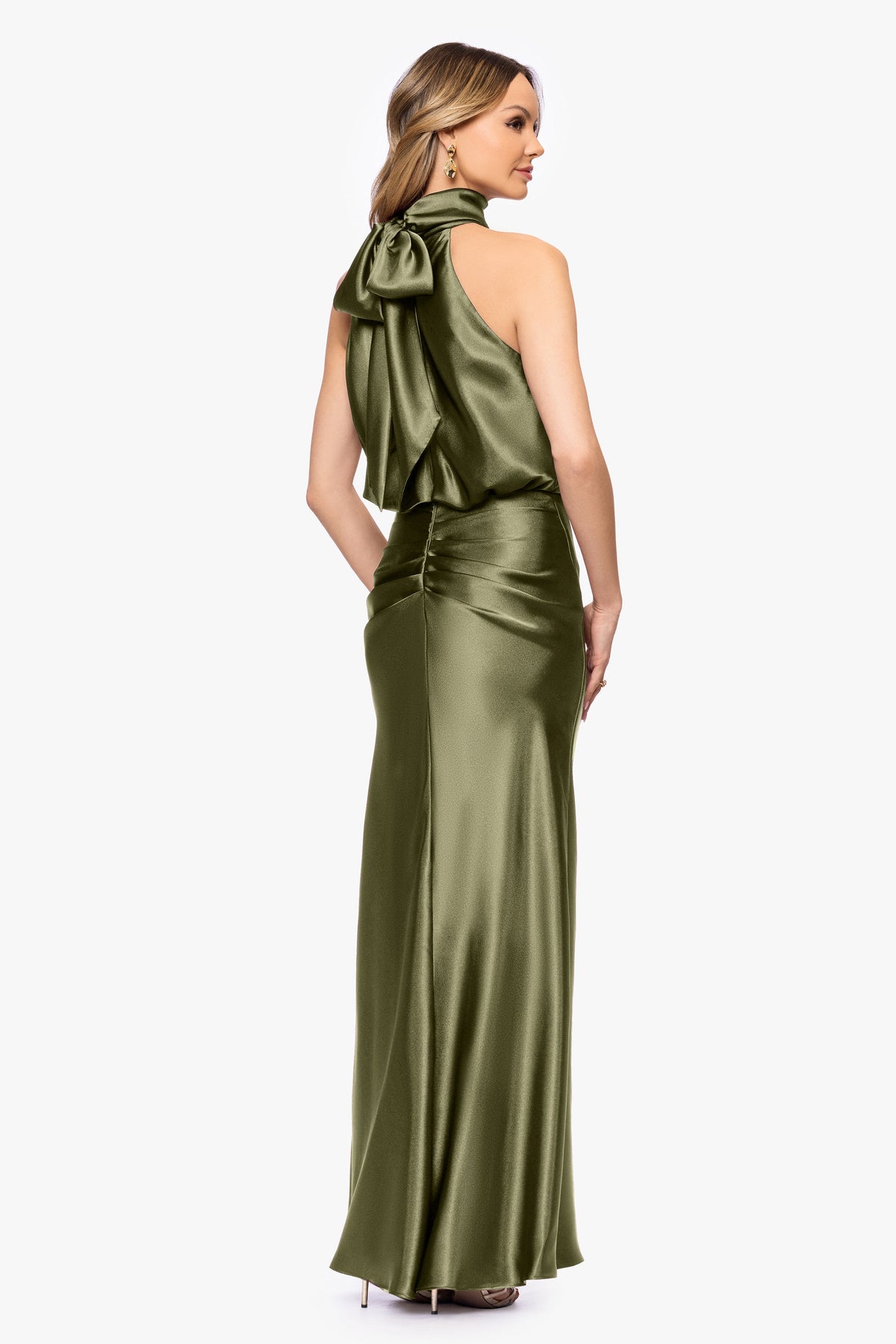 Betsy & Adam "Tara" Satin Tie Neck Dress - Olive