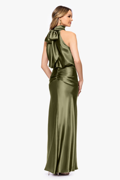 Betsy & Adam "Tara" Satin Tie Neck Dress - Olive