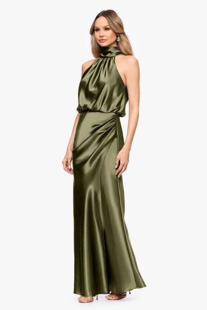 Betsy & Adam "Tara" Satin Tie Neck Dress - Olive