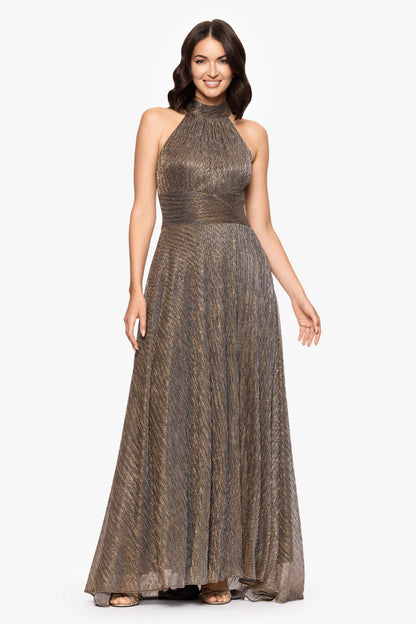 Betsy & Adam "Stella" Metallic Halter Wrap Skirt Dress - Mocha/Gold