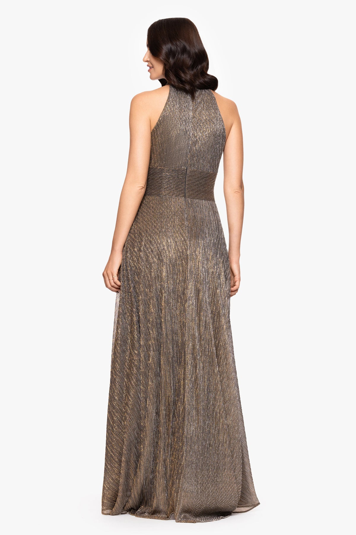 Betsy & Adam "Stella" Metallic Halter Wrap Skirt Dress - Mocha/Gold