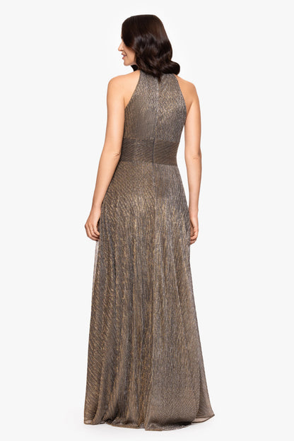 Betsy & Adam "Stella" Metallic Halter Wrap Skirt Dress - Mocha/Gold