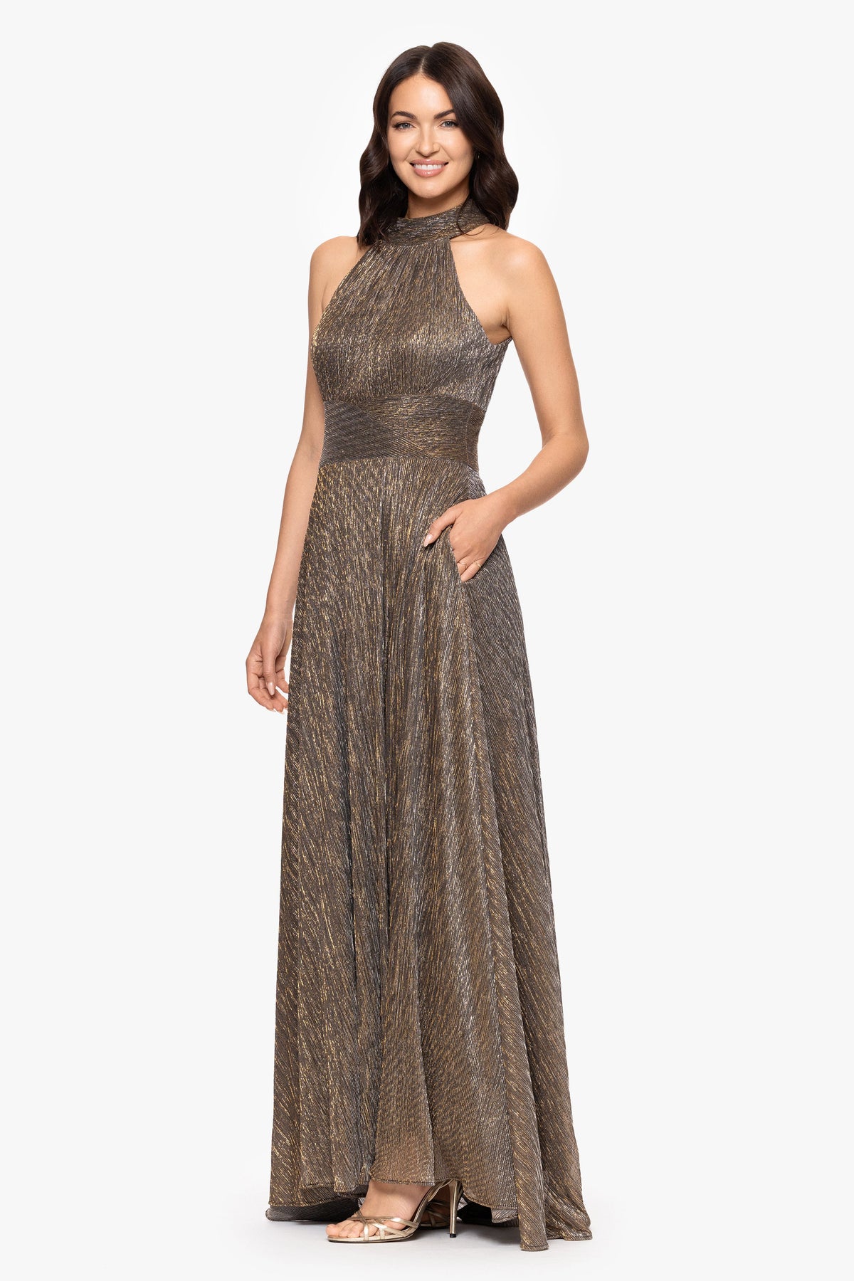 Betsy & Adam "Stella" Metallic Halter Wrap Skirt Dress - Mocha/Gold
