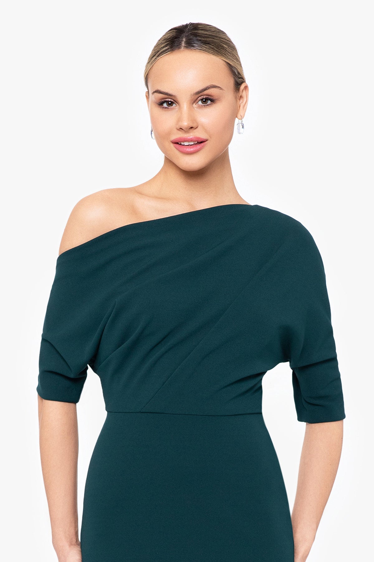 Betsy & Adam “Madeline” Scuba Crepe Off The Shoulder Dress - Pine