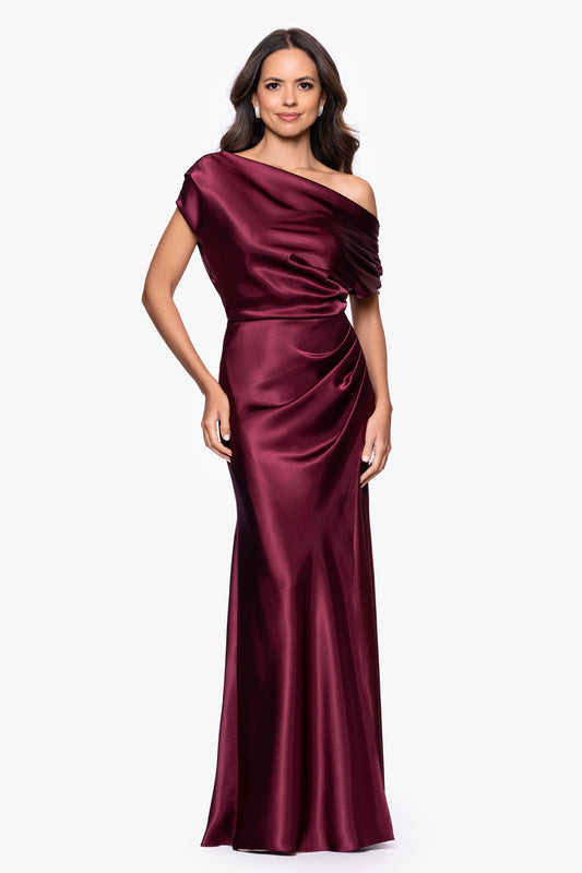 Betsy & Adam "Sofia" Satin Drop Shoulder Dress - Burgundy