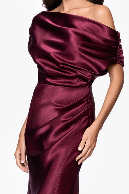 Betsy & Adam "Sofia" Satin Drop Shoulder Dress - Burgundy