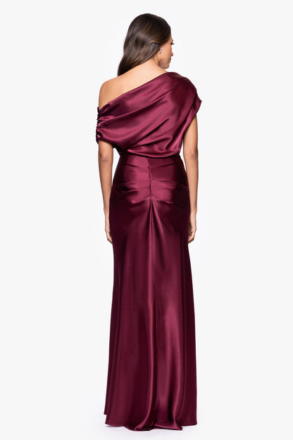 Betsy & Adam "Sofia" Satin Drop Shoulder Dress - Burgundy