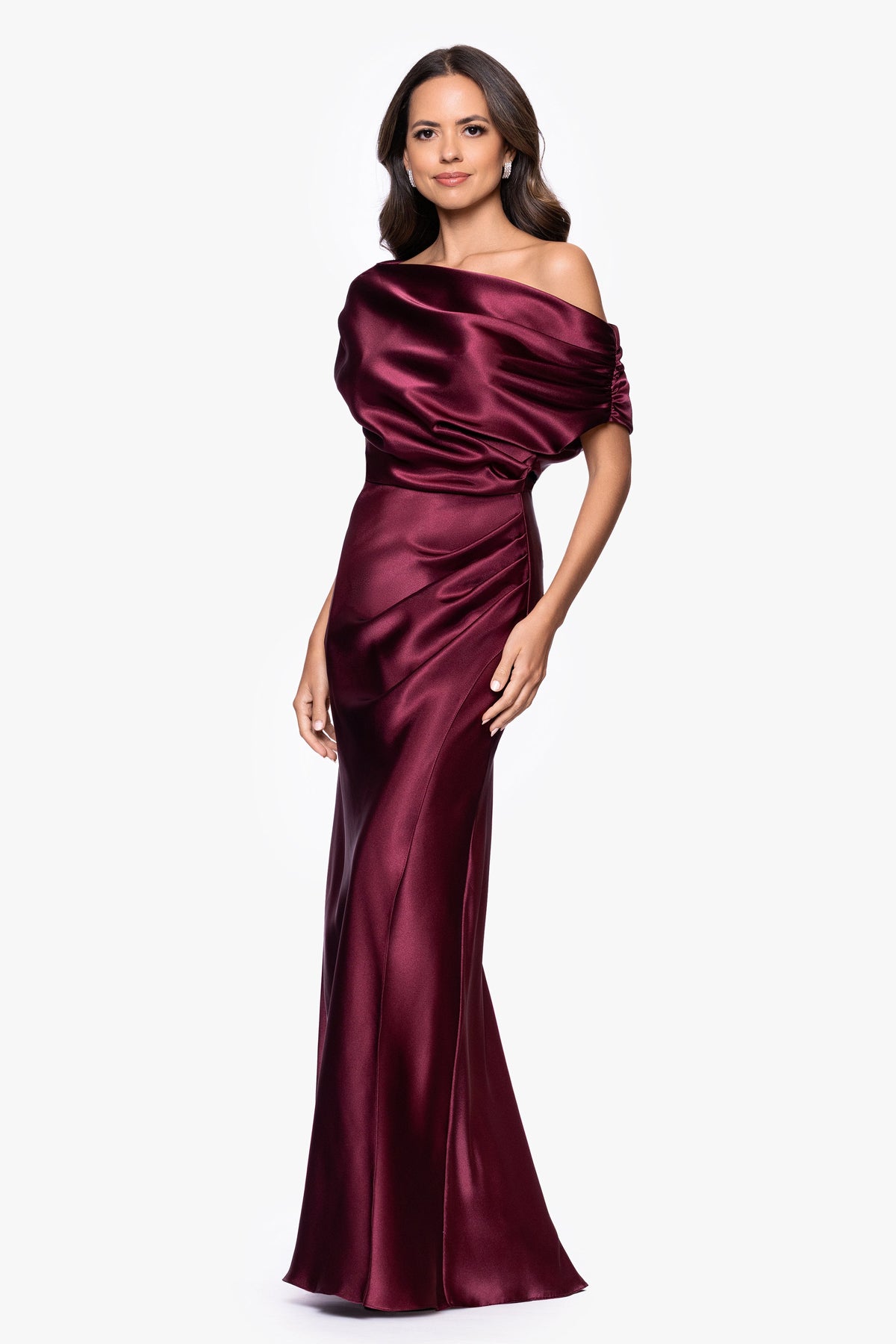 Betsy & Adam "Sofia" Satin Drop Shoulder Dress - Burgundy