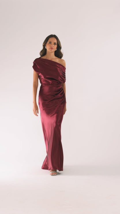 Betsy & Adam "Sofia" Satin Drop Shoulder Dress - Burgundy
