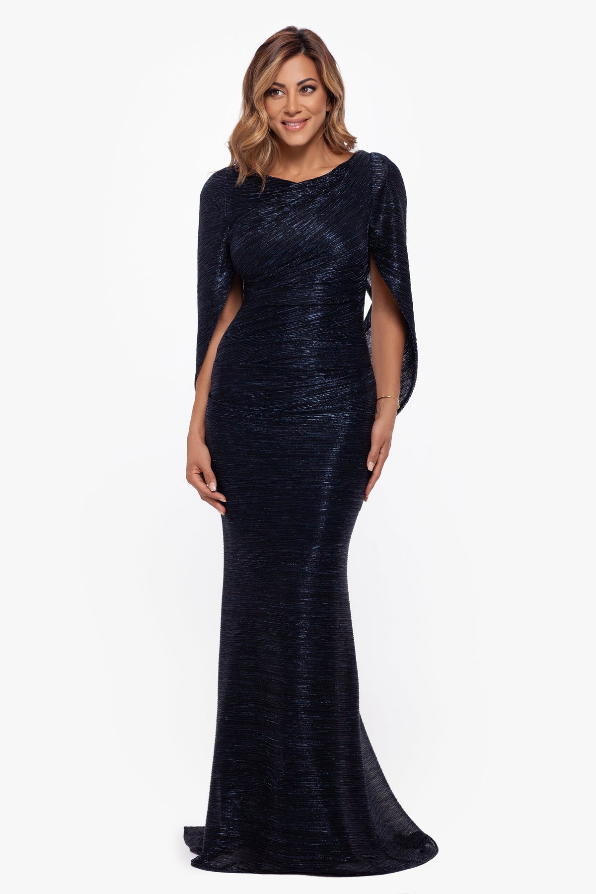 Betsy & Adam "Elaine" Metallic Crinkle Long Dress - Navy/Royal