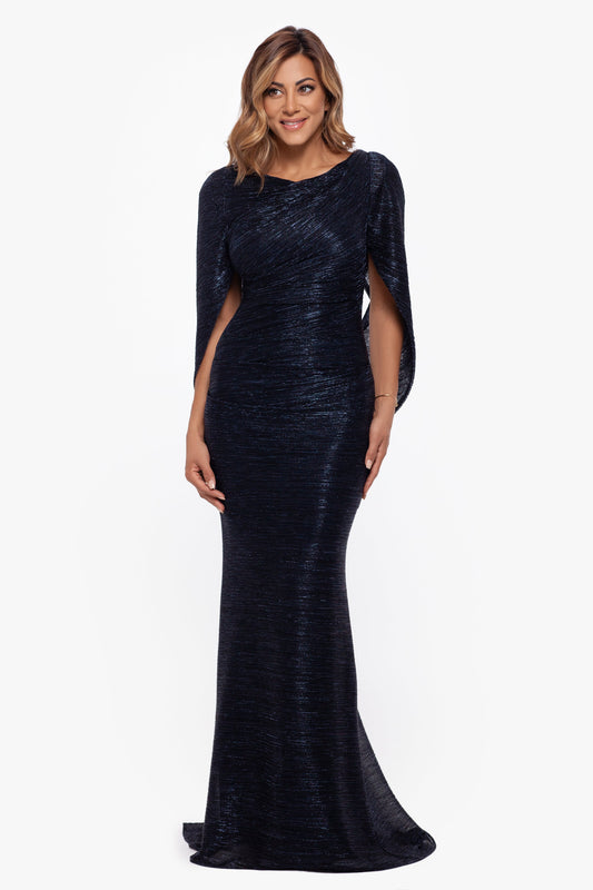 Betsy & Adam "Elaine" Metallic Crinkle Long Dress - Navy/Royal