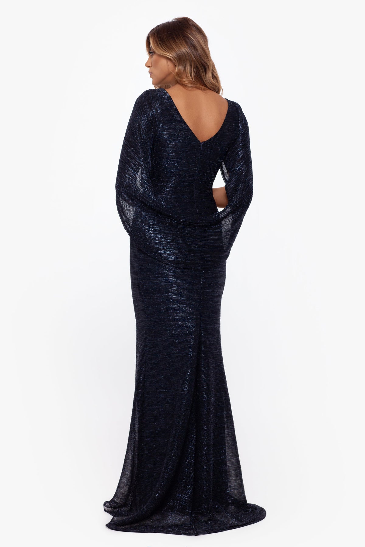 Betsy & Adam "Elaine" Metallic Crinkle Long Dress - Navy/Royal