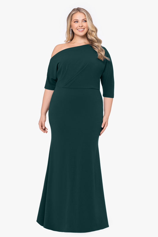 Betsy & Adam Plus “Madeline” Scuba Crepe Off The Shoulder Dress - Pine