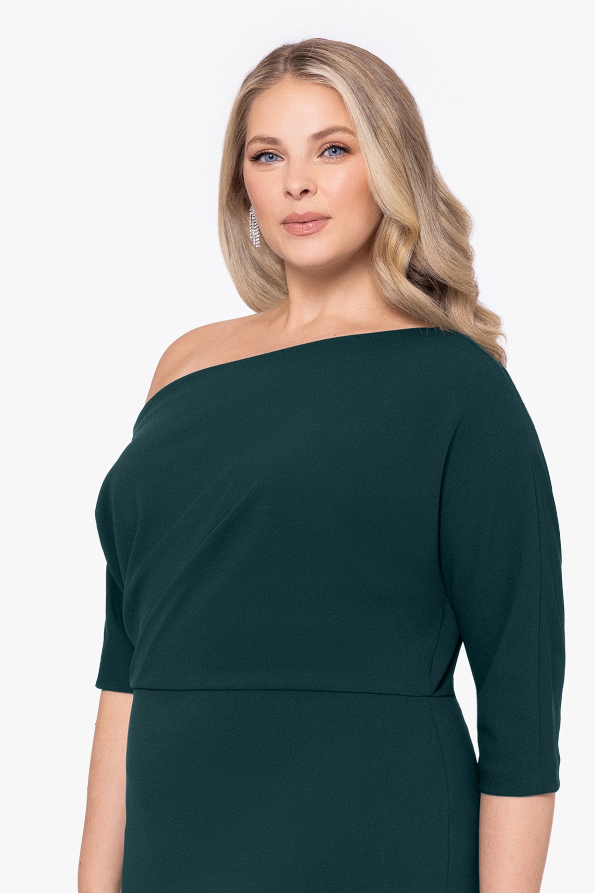 Betsy & Adam Plus “Madeline” Scuba Crepe Off The Shoulder Dress - Pine