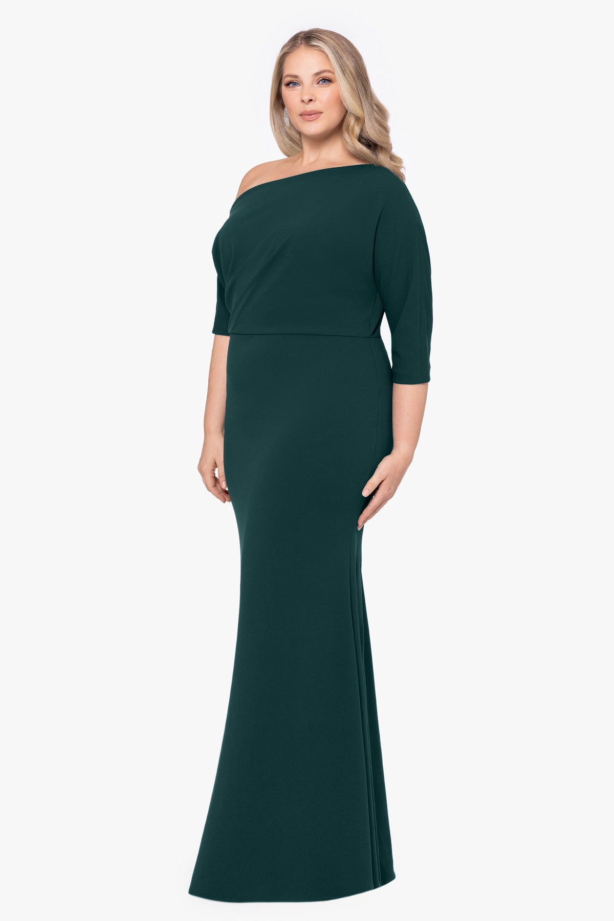 Betsy & Adam Plus “Madeline” Scuba Crepe Off The Shoulder Dress - Pine