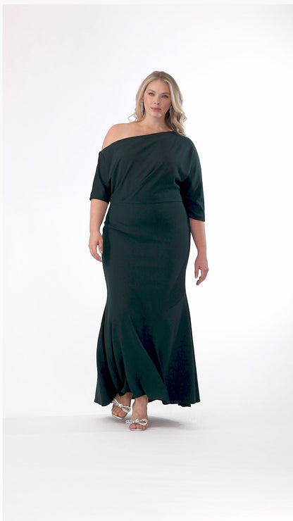 Betsy & Adam Plus “Madeline” Scuba Crepe Off The Shoulder Dress - Pine