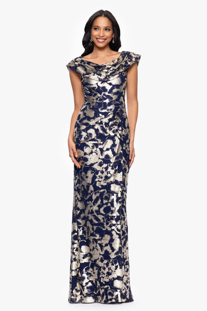 Betsy & Adam "Bianca" Metallic Cowl Neck Dress - Navy/Gold