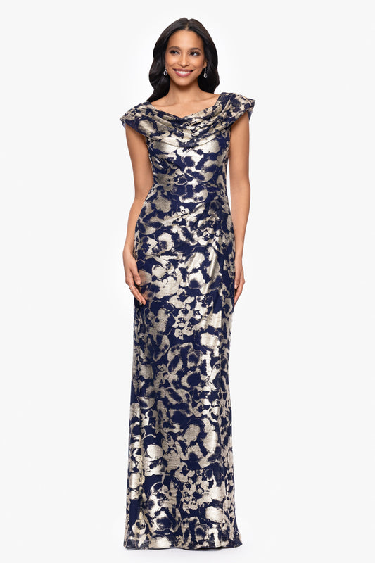 Betsy & Adam "Bianca" Metallic Cowl Neck Dress - Navy/Gold