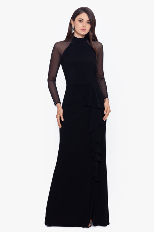 Betsy & Adam Petite "Valerie" Jersey Knit Mesh Long Sleeve Dress - Black