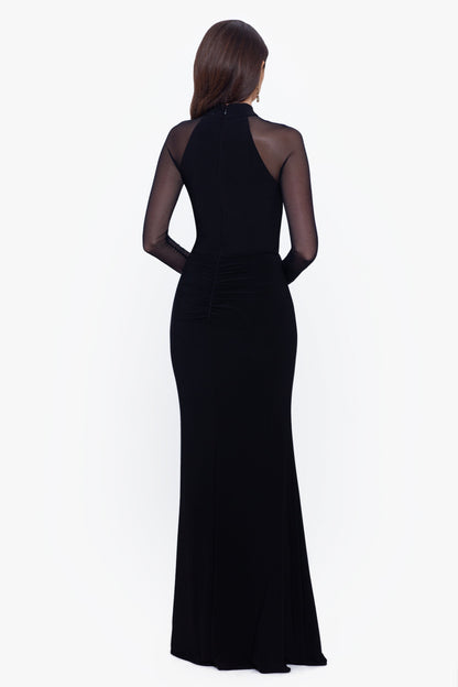 Betsy & Adam Petite "Valerie" Jersey Knit Mesh Long Sleeve Dress - Black