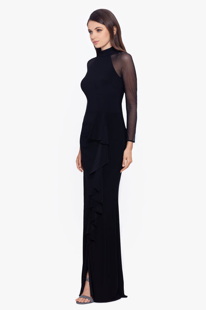 Betsy & Adam Petite "Valerie" Jersey Knit Mesh Long Sleeve Dress - Black