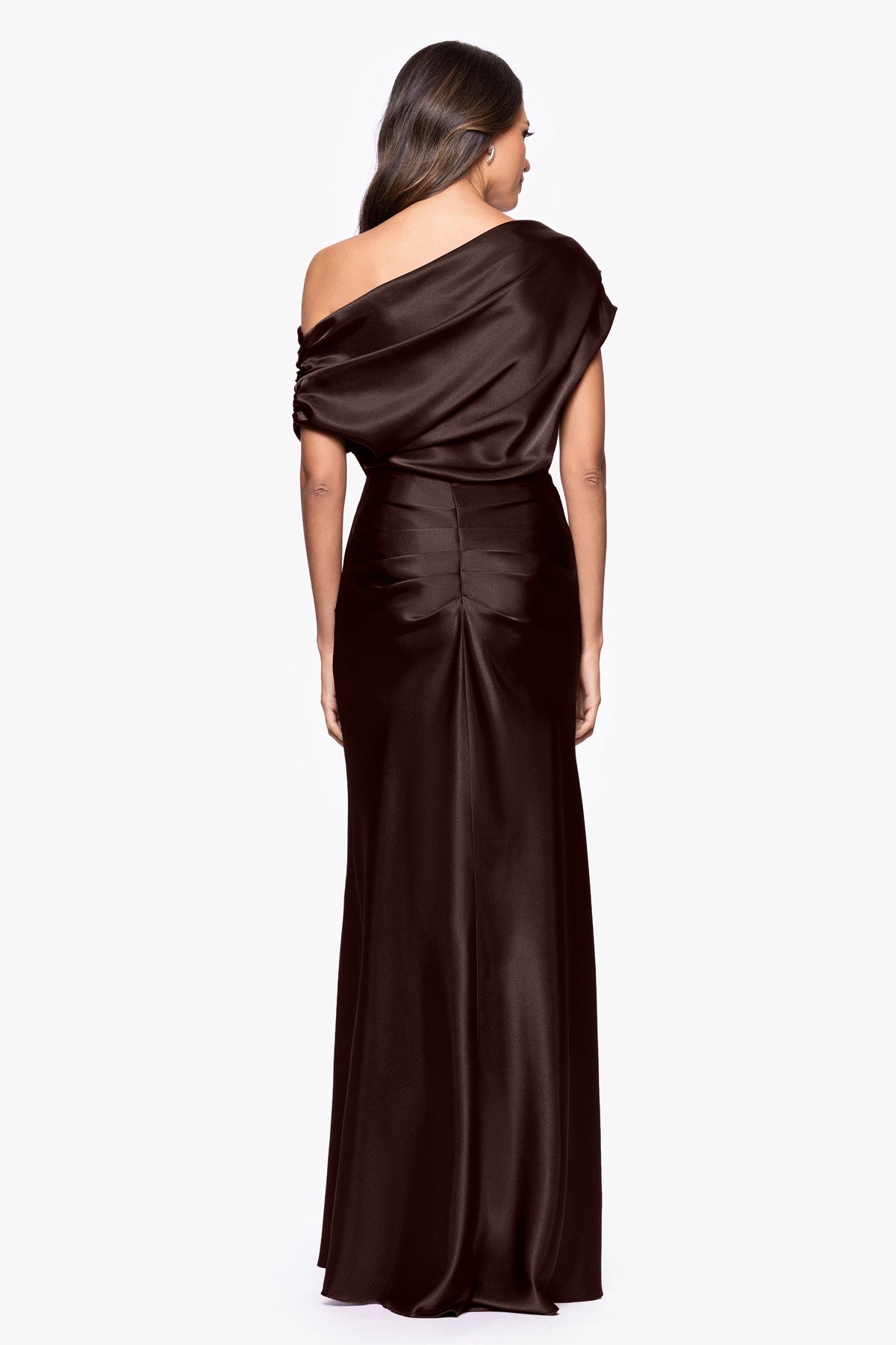 Betsy & Adam "Sofia" Satin Drop Shoulder Dress - Brown