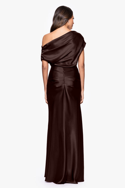 Betsy & Adam "Sofia" Satin Drop Shoulder Dress - Brown