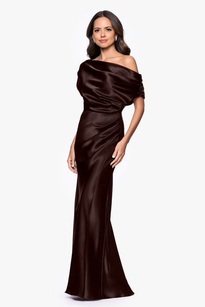 Betsy & Adam "Sofia" Satin Drop Shoulder Dress - Brown