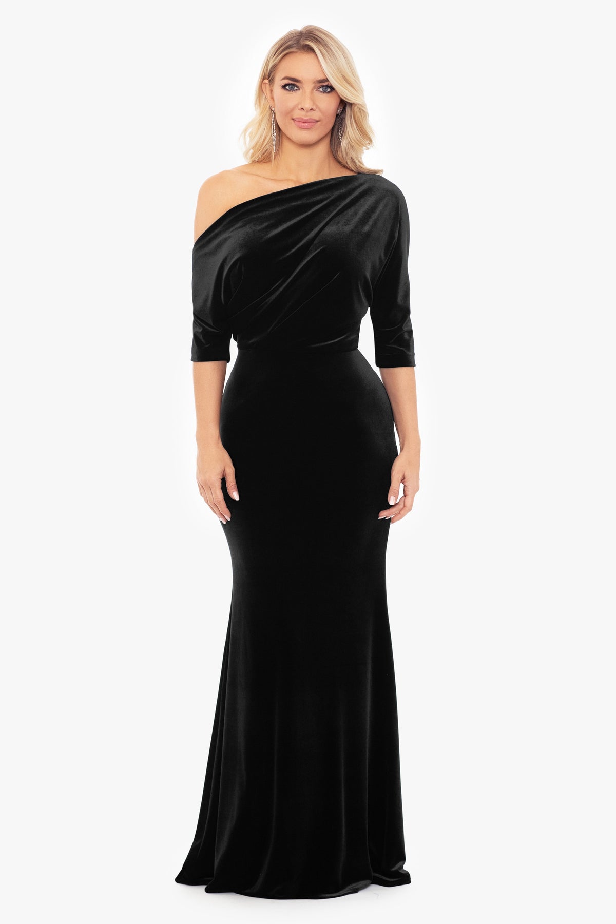 Betsy & Adam "Arya" Velvet Drop Off The Shoulder Dress - Black