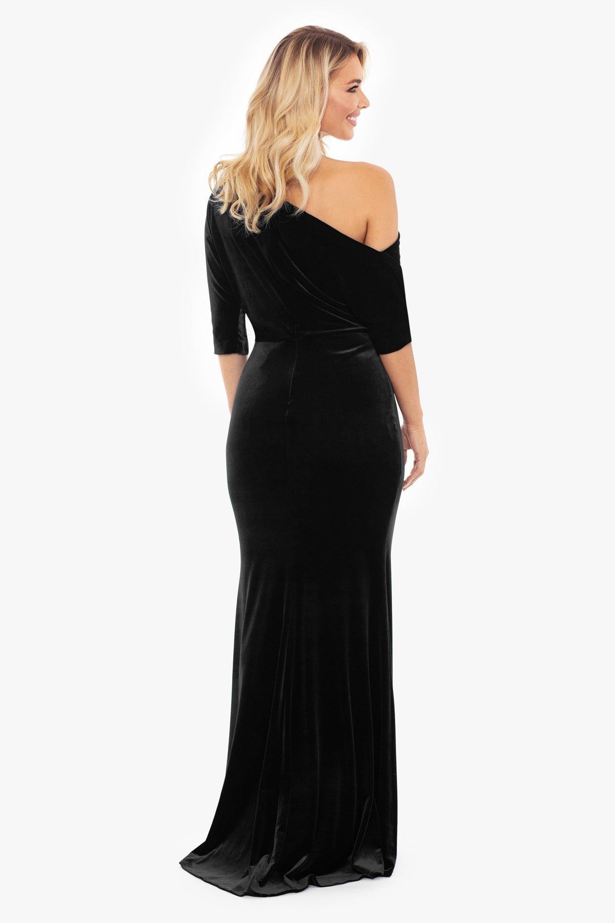 Betsy & Adam "Arya" Velvet Drop Off The Shoulder Dress - Black