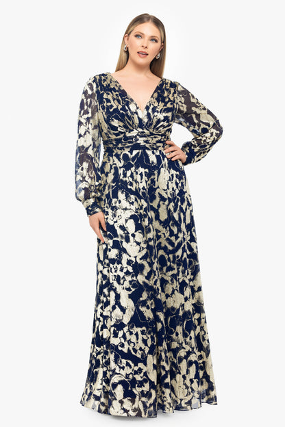 Betsy & Adam Plus "Annabelle" Metallic Foil Long Mesh Sleeve Dress - Navy/Gold