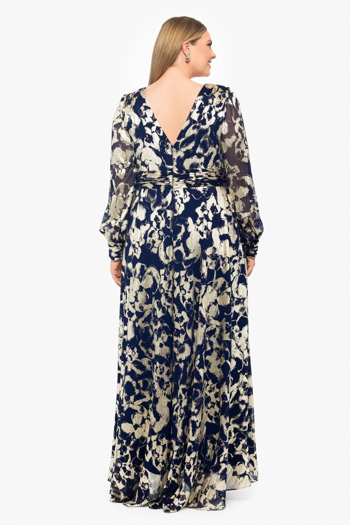 Betsy & Adam Plus "Annabelle" Metallic Foil Long Mesh Sleeve Dress - Navy/Gold