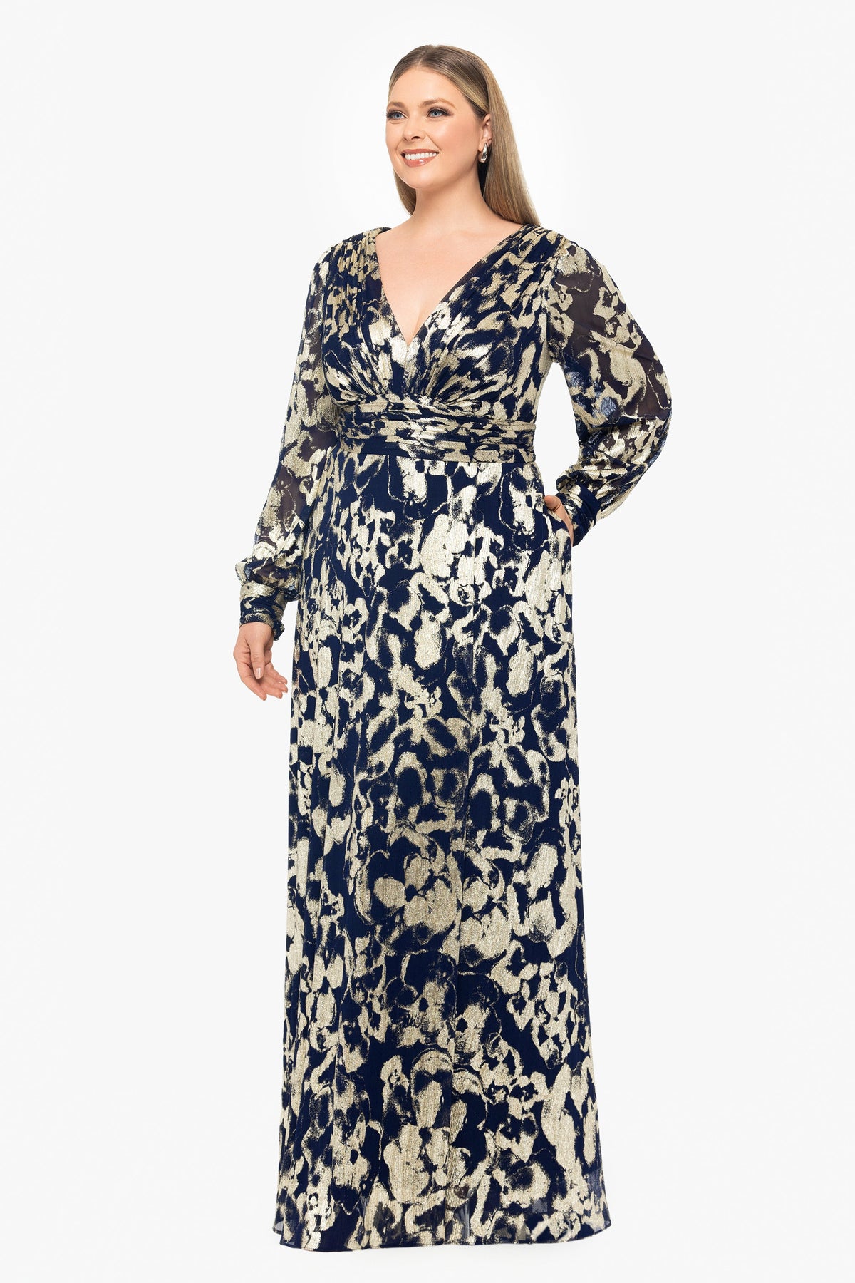 Betsy & Adam Plus "Annabelle" Metallic Foil Long Mesh Sleeve Dress - Navy/Gold