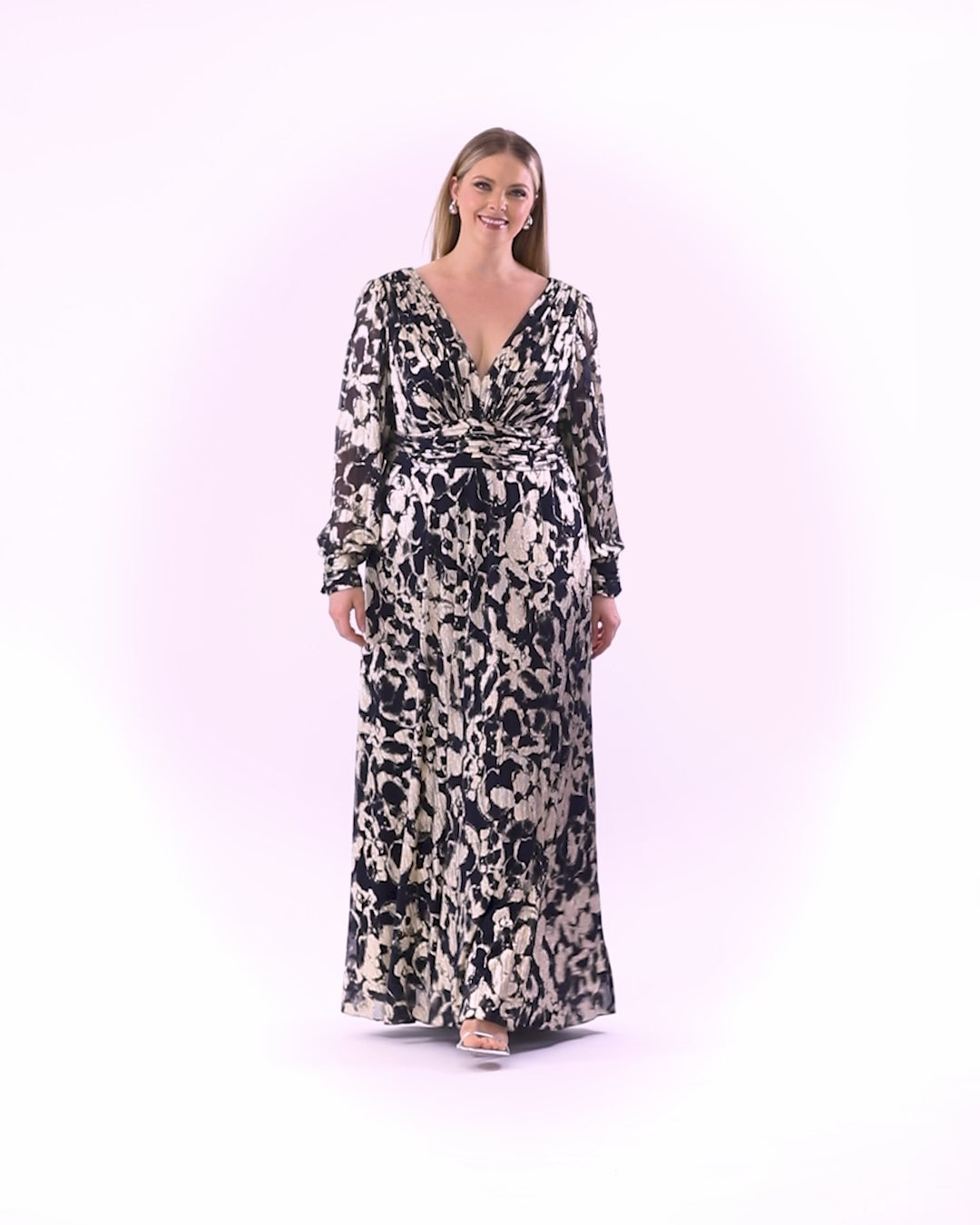Betsy & Adam Plus "Annabelle" Metallic Foil Long Mesh Sleeve Dress - Navy/Gold