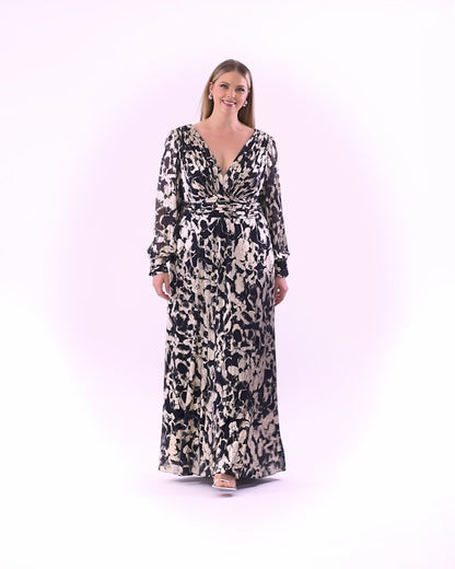 Betsy & Adam Plus "Annabelle" Metallic Foil Long Mesh Sleeve Dress - Navy/Gold