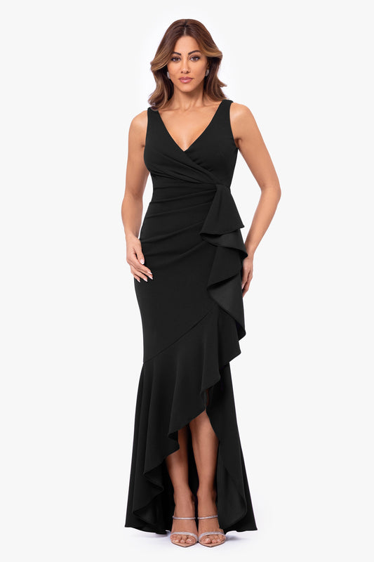 Betsy & Adam Petite "Candace" V-Neck Hi Low Cascade Dress - Black